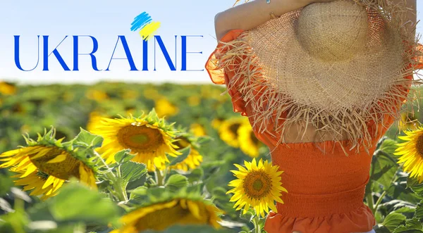 Beautiful Young Woman Sunflower Field Word Ukraine — стокове фото