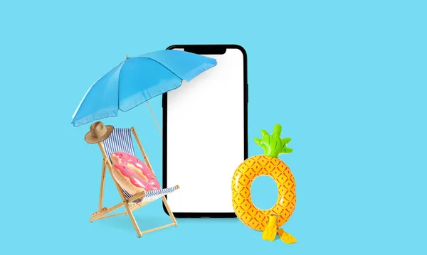 Big Mobile Phone Empty Screen Beach Chair Umbrella Accessories Blue — Foto de Stock
