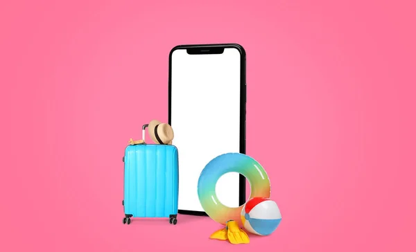Big Mobile Phone Empty Screen Packed Suitcase Accessories Pink Background — Φωτογραφία Αρχείου