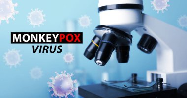 Banner with modern microscope in laboratory and text MONKEYPOX VIRUS