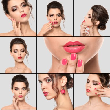 Collage with fashionable young woman on light background