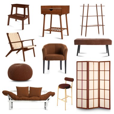 Set of brown furniture isolated on white 