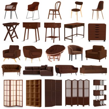Set of brown furniture isolated on white 