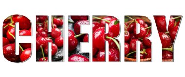 Word CHERRY with fresh berries on white background