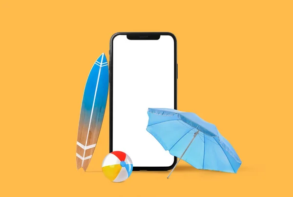 Big Mobile Phone Empty Screen Surfboard Umbrella Inflatable Ball Yellow — Foto de Stock