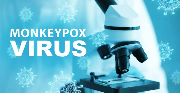 Banner Modern Microscope Laboratory Text Monkeypox Virus — Zdjęcie stockowe