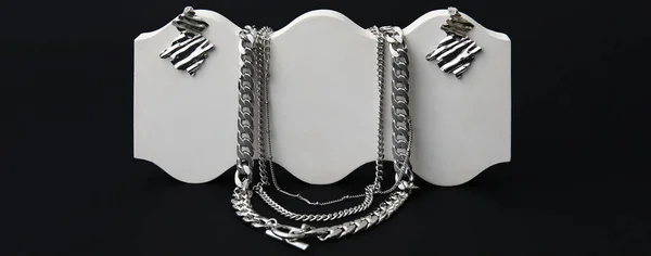 Stylish Silver Jewellery Black Background — Stok fotoğraf