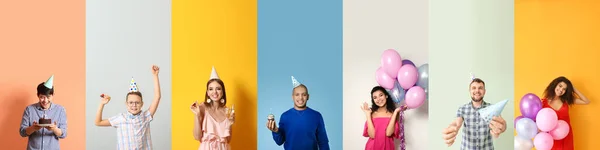Set People Celebrating Birthday Colorful Background — Zdjęcie stockowe