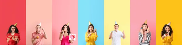 Set People Celebrating Birthday Colorful Background — Foto Stock