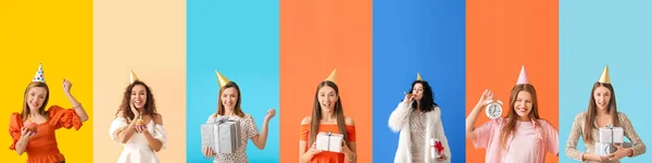 Set Women Celebrating Birthday Colorful Background — ストック写真