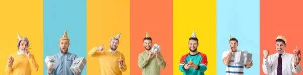 Set Men Celebrating Birthday Colorful Background — Stock Fotó
