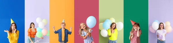 Set People Celebrating Birthday Colorful Background — Stock Fotó