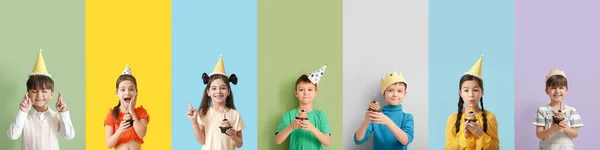 Set Children Celebrating Birthday Colorful Background — Foto de Stock