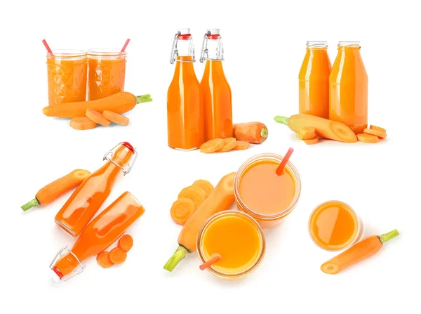 Set Fresh Carrots Juice Isolated White — Stockfoto