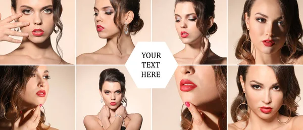 Beauty Collage Fashionable Young Women Beige Background —  Fotos de Stock