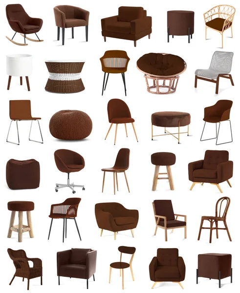 Set Many Brown Furniture Isolated White — Stok fotoğraf