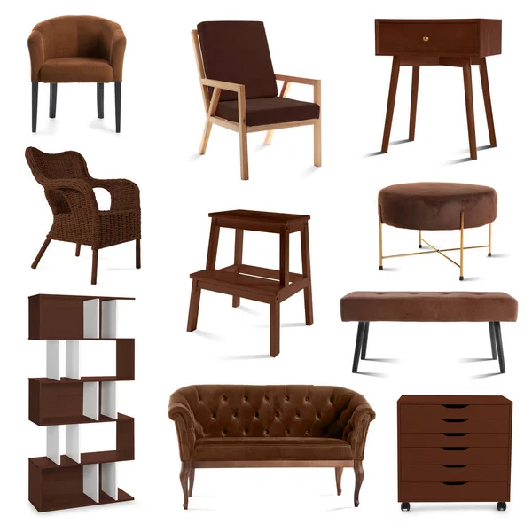 Set Different Brown Furniture Isolated White — 图库照片