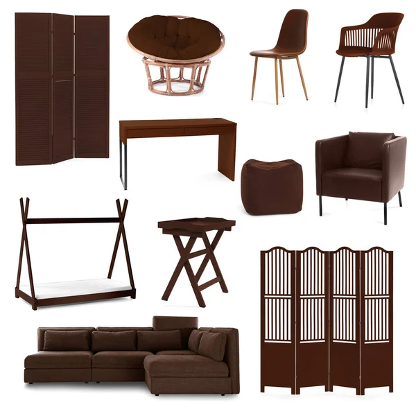 Set Brown Furniture Isolated White — Stok fotoğraf