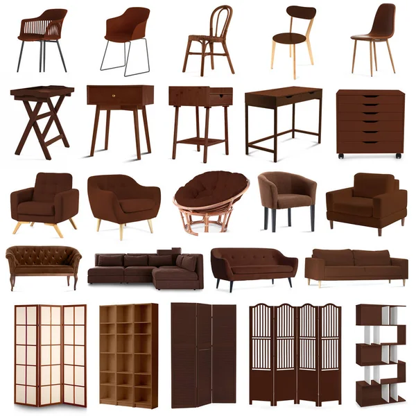 Set Brown Furniture Isolated White — Stok fotoğraf