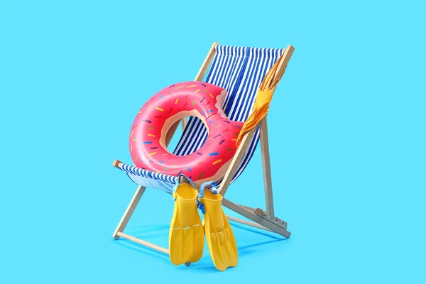 Wooden Deck Chair Inflatable Ring Paddles Blue Background — Stockfoto