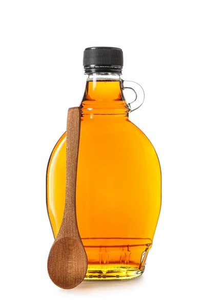 Bottle Maple Syrup Wooden Spoon White Background — Photo