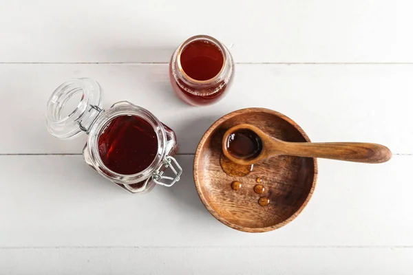 Jar Bottle Spoon Tasty Maple Syrup Light Wooden Background — Photo