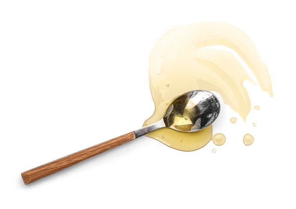 Spoon Tasty Maple Syrup White Background — Photo