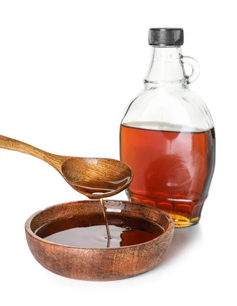Pouring Tasty Maple Syrup Spoon Bowl White Background — Stock Photo, Image