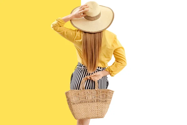 Young Woman Stylish Hat Holding Rattan Handbag Her Back Color — Stock fotografie