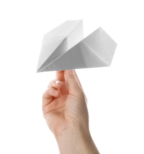 Woman Paper Plane White Background — Stock Photo, Image