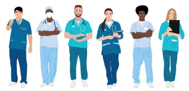 Set of different doctors on white background
