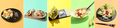 Collage with tasty Caesar salad on color background 