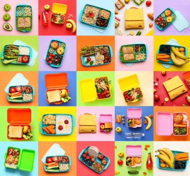 Set of lunch boxes and bags with healthy food on color background, top view