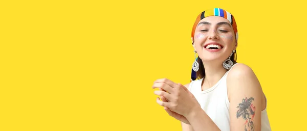 Happy Fashionable Woman Glitters Face Yellow Background Space Text —  Fotos de Stock