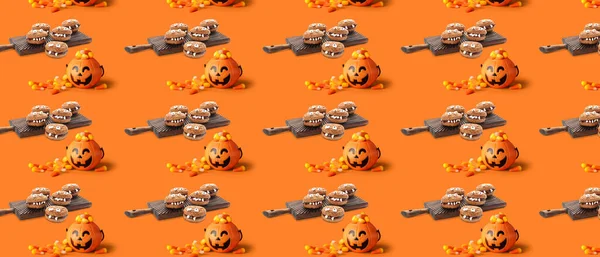 Tasty Desserts Halloween Party Orange Background — Zdjęcie stockowe