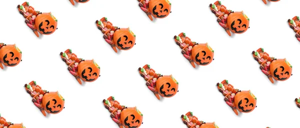 Baskets Tasty Candies Halloween White Background — Stock Photo, Image