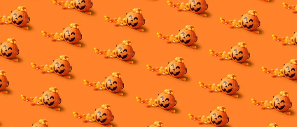 Baskets Tasty Candy Corns Halloween Orange Background — Zdjęcie stockowe