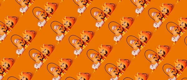 Baskets Tasty Candies Halloween Orange Background — 스톡 사진