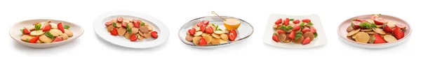 Set Plates Mini Pancakes Strawberry White Background — Stockfoto