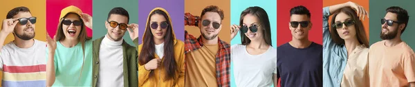 Group Young People Stylish Sunglasses Color Background — Photo