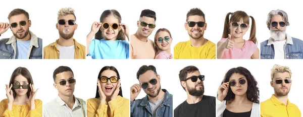 Group Different People Stylish Sunglasses White Background — Foto de Stock