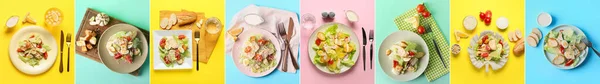Collage Tasty Caesar Salad Color Background Top View — Photo