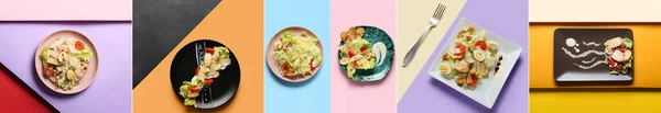 Collage Tasty Caesar Salad Color Background Top View — Stockfoto