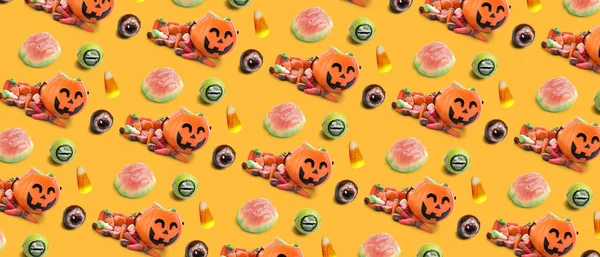 Baskets Sweet Candies Halloween Yellow Background — Foto Stock