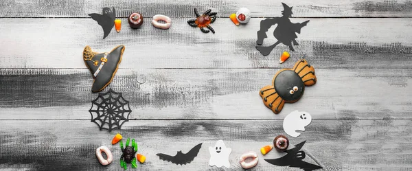 Composition Tasty Halloween Treats Grey Wooden Background Space Text — Zdjęcie stockowe