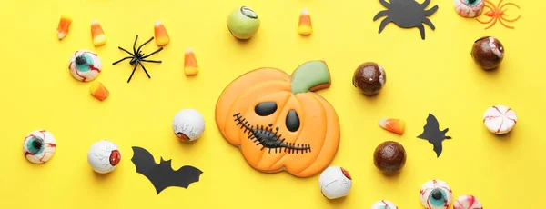 Composition Tasty Halloween Treats Yellow Background Top View — Zdjęcie stockowe