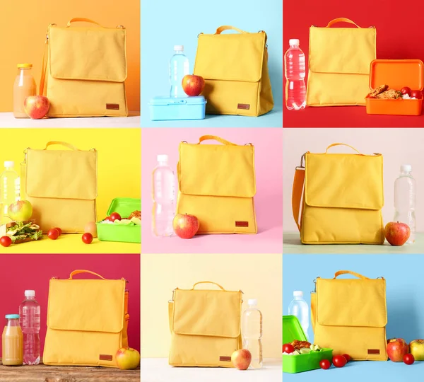 Set of lunch bags with plastic boxes, food and drinks on color background