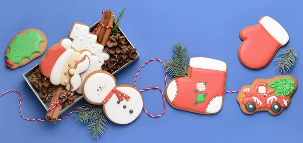 Tasty Christmas Cookies Blue Background Top View — Stockfoto