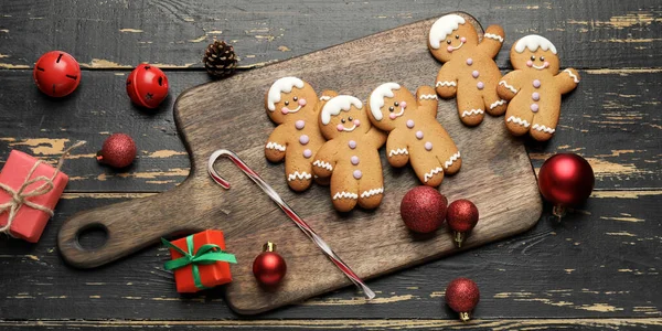 Tasty Gingerbread Cookies Christmas Decor Wooden Background — Stock Photo, Image