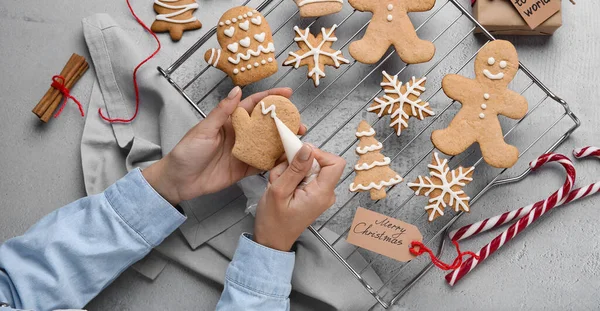Woman Making Sweet Christmas Gingerbread Cookies Light Background Top View — Stock Photo, Image